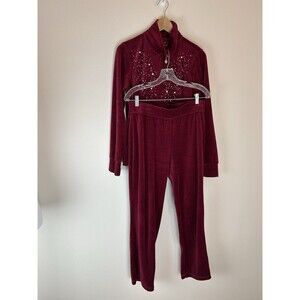 Three Hearts S Track Suit Velour Y2K Embellished Studded Berry Red Flare Lounge